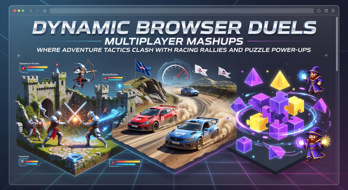 Vibrant screenshot of players in a browser duel, vehicles speeding through puzzle-filled tracks amid tactical adventure elements