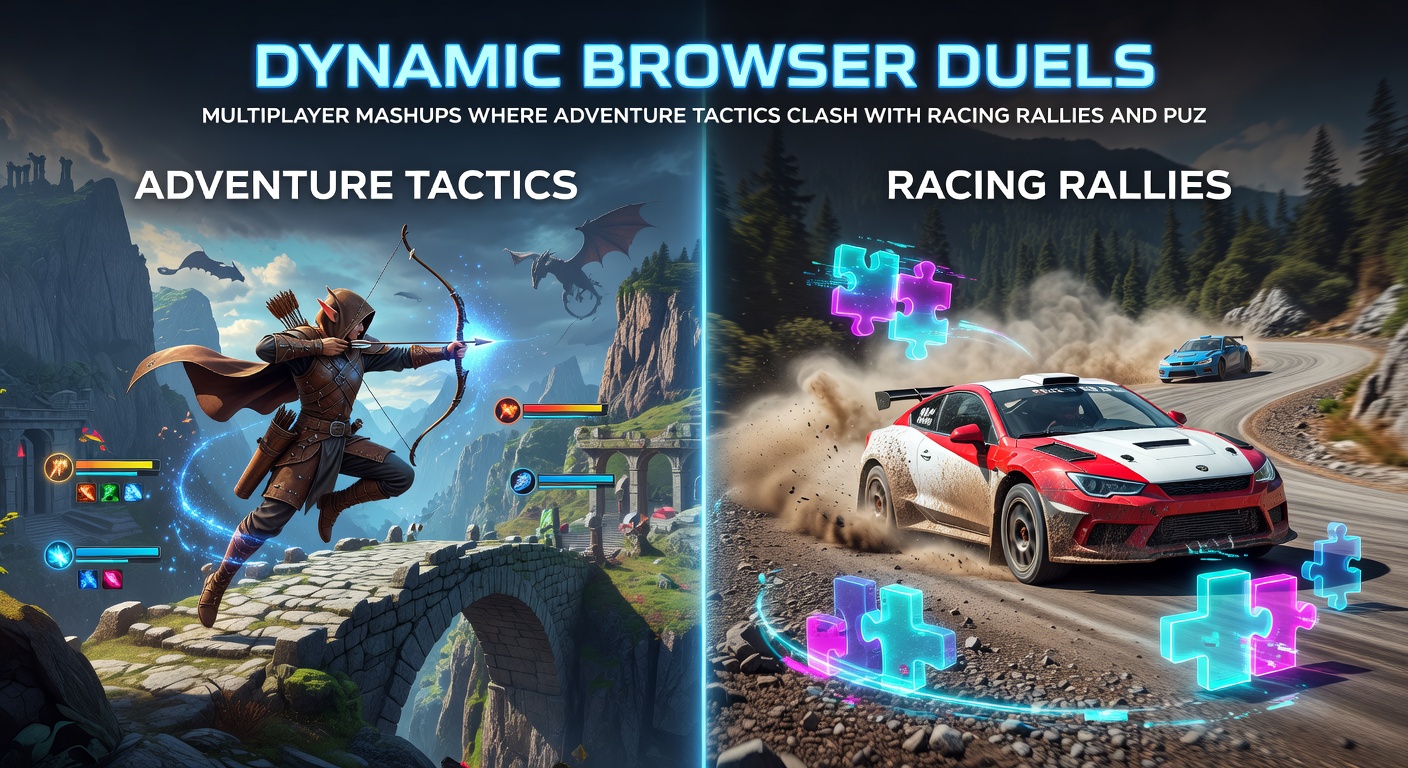 Intense multiplayer browser duel scene with racers dodging puzzle obstacles in a tactical adventure battlefield