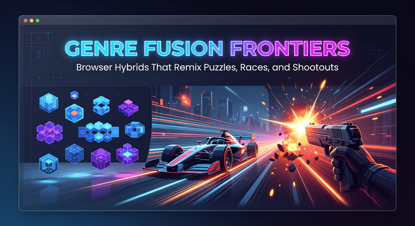 Dynamic screenshot of a browser game fusing puzzle elements with high-speed racing and explosive shootouts, featuring colorful tracks riddled with block-matching challenges and enemy waves