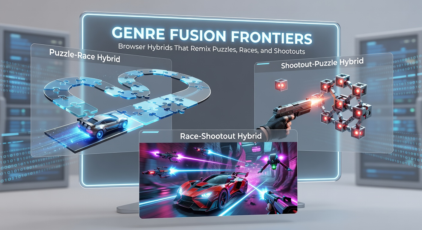 Close-up view of a browser hybrid game in action, with a speeding vehicle unleashing puzzle-activated bullets at foes while navigating a labyrinthine racecourse filled with destructible puzzle barriers