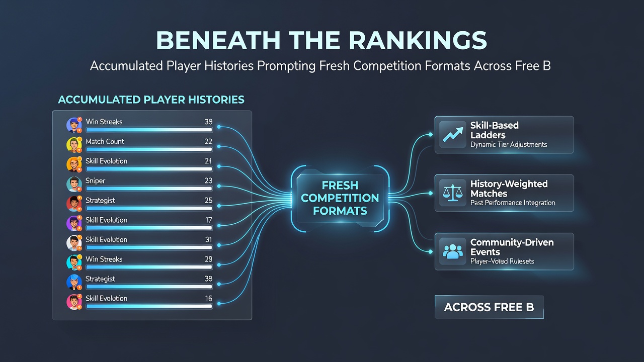 Diagram depicting player account timelines feeding into adaptive multiplayer tournament designs