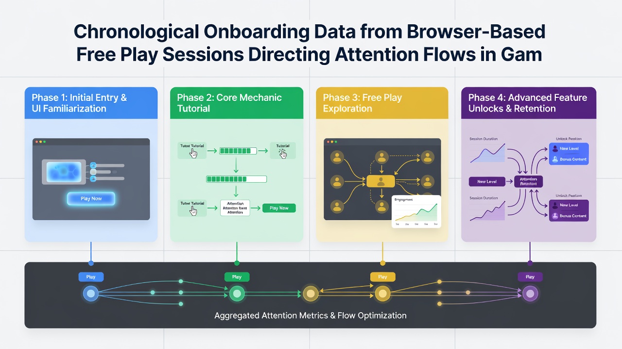 Timeline graphic illustrating how onboarding timestamps from free browser sessions map onto attention shifts in gaming media reports during 2026