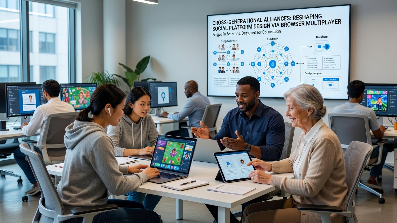 Diverse age groups engaging in browser multiplayer gameplay that influences modern social platform features