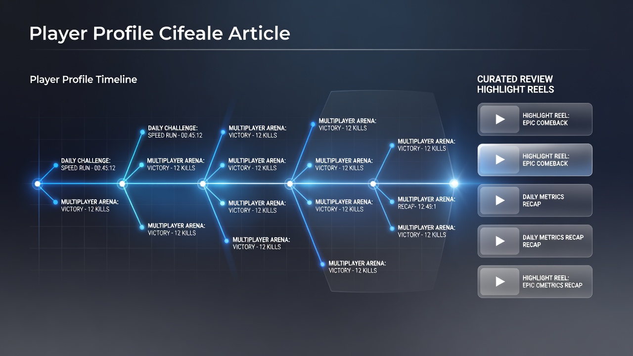Dashboard view showing player profile timelines with daily challenge metrics feeding into highlight reel generation for multiplayer game reviews