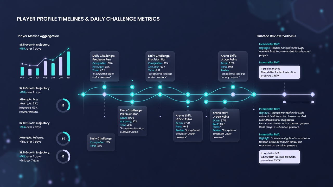 Multiplayer enthusiasts viewing curated highlight reels derived from player profile timelines on a review platform dashboard